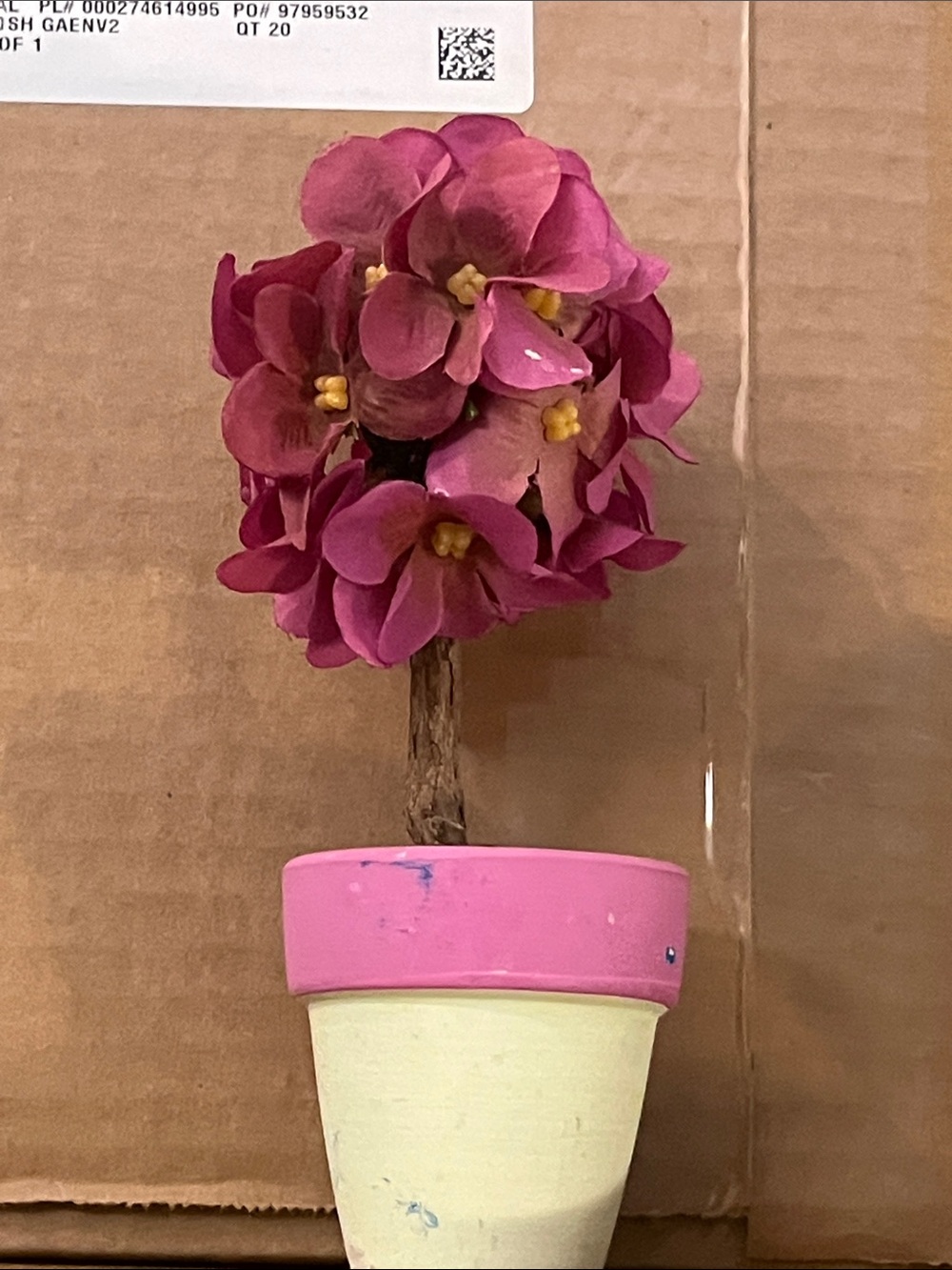 Pink Faux Hydrangea Topiary in Pink and Cream Pot 083